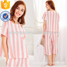 Cute White And Pink Stripe Short Sleeve Summer Pajamas Manufacture Wholesale Fashion Women Apparel (TA0004P)